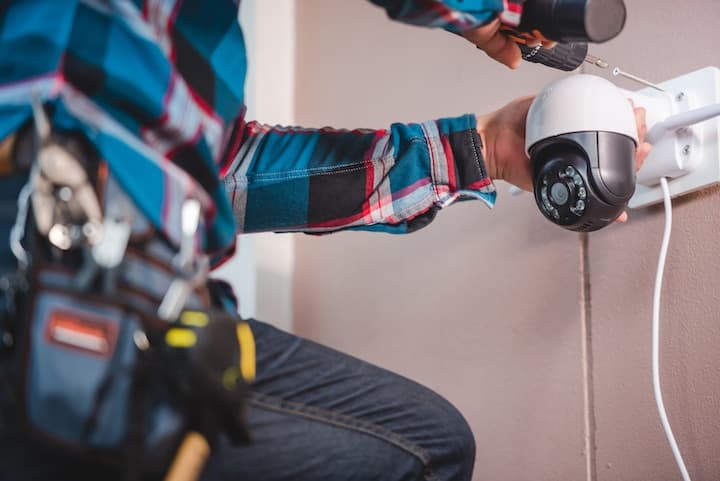 Technician installing CCTV camera